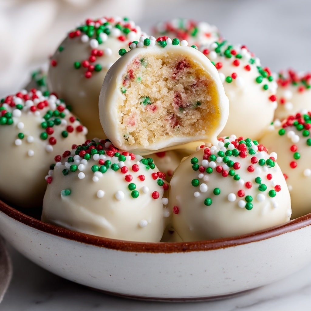 The image shows several round cake balls covered in smooth white chocolate, each drizzled with thin lines of red icing. The balls are decorated with small green, red, and white sprinkles, creating a festive look. One cake ball is placed on top of the others and has a bite taken out, revealing a soft, moist interior filled with tiny red and green bits. The cake balls sit on a white marbled surface, and the background is softly blurred to keep the focus on the treats. Photo taken with an iphone --ar 4:5 --v 7