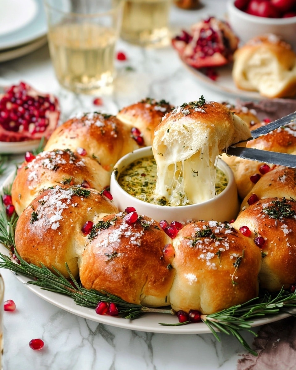 A round bread wreath made of small golden brown rolls arranged in a ring shape with a hollow center filled with a mixture of herbs and cheese. The rolls have a shiny surface topped with coarse salt, rosemary sprigs, and small red pomegranate seeds scattered evenly on them. Around the wreath are festive decorations including pine cones, red and white small ornaments, and green leaves. A glass of beer with foam sits near the wreath on a white marbled texture, alongside a white plate with rosemary sprigs, and a white bowl with green herb sauce and a spoon resting in it, partially covered by a red and green tartan cloth. photo taken with an iphone --ar 4:5 --v 7