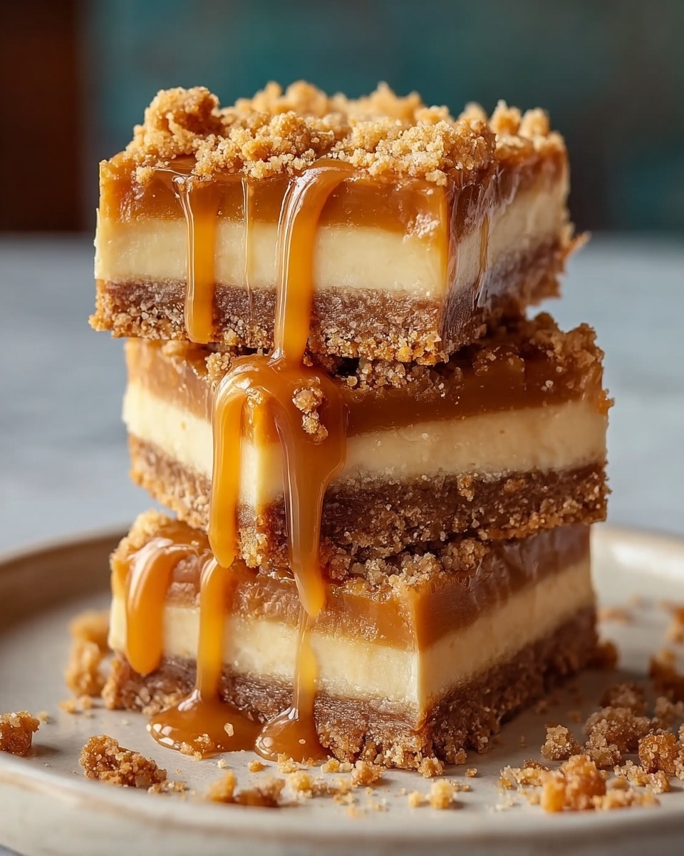 The image shows a stack of three dessert bars with two distinct layers. The bottom layer is thick, crumbly, and brown, resembling a crunchy base. The top layer is smoother and lighter brown, with a shiny texture. White icing lines drip down from the top, adding a contrast to the brown colors. Crumbled pieces are scattered on top of the bars and around them on a wooden board, enhancing the texture. The background is blurred with a white marbled texture surface visible. photo taken with an iphone --ar 4:5 --v 7