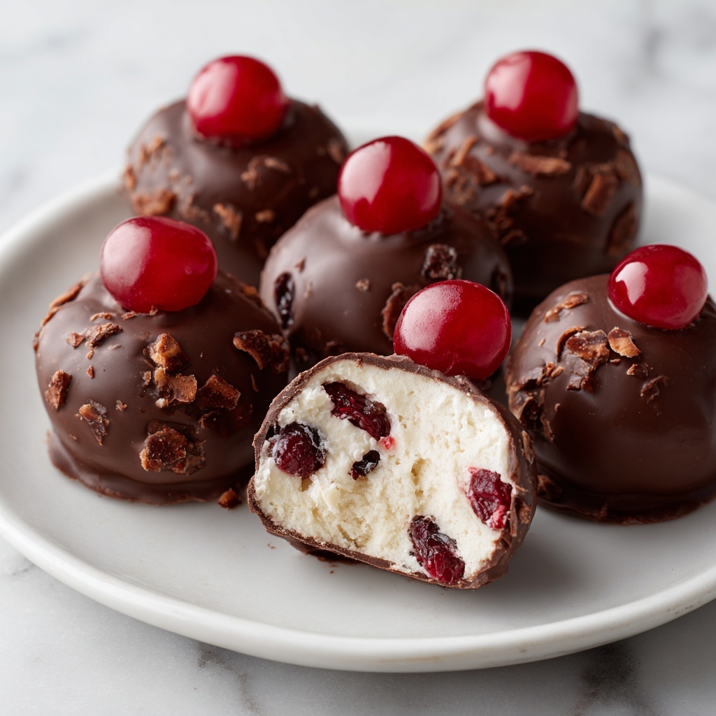 The image shows seven round chocolate-covered truffles arranged on a white plate placed on a white marbled surface. Each truffle is coated with smooth, dark brown chocolate, topped with a small bright red cherry on top. One truffle is cut in half at the front, revealing three layers: the outer dark brown chocolate shell, a creamy off-white inside filled with small red bits and darker chocolate pieces mixed inside. In the background, a blurred white bowl with more red cherries is visible. photo taken with an iphone --ar 4:5 --v 7