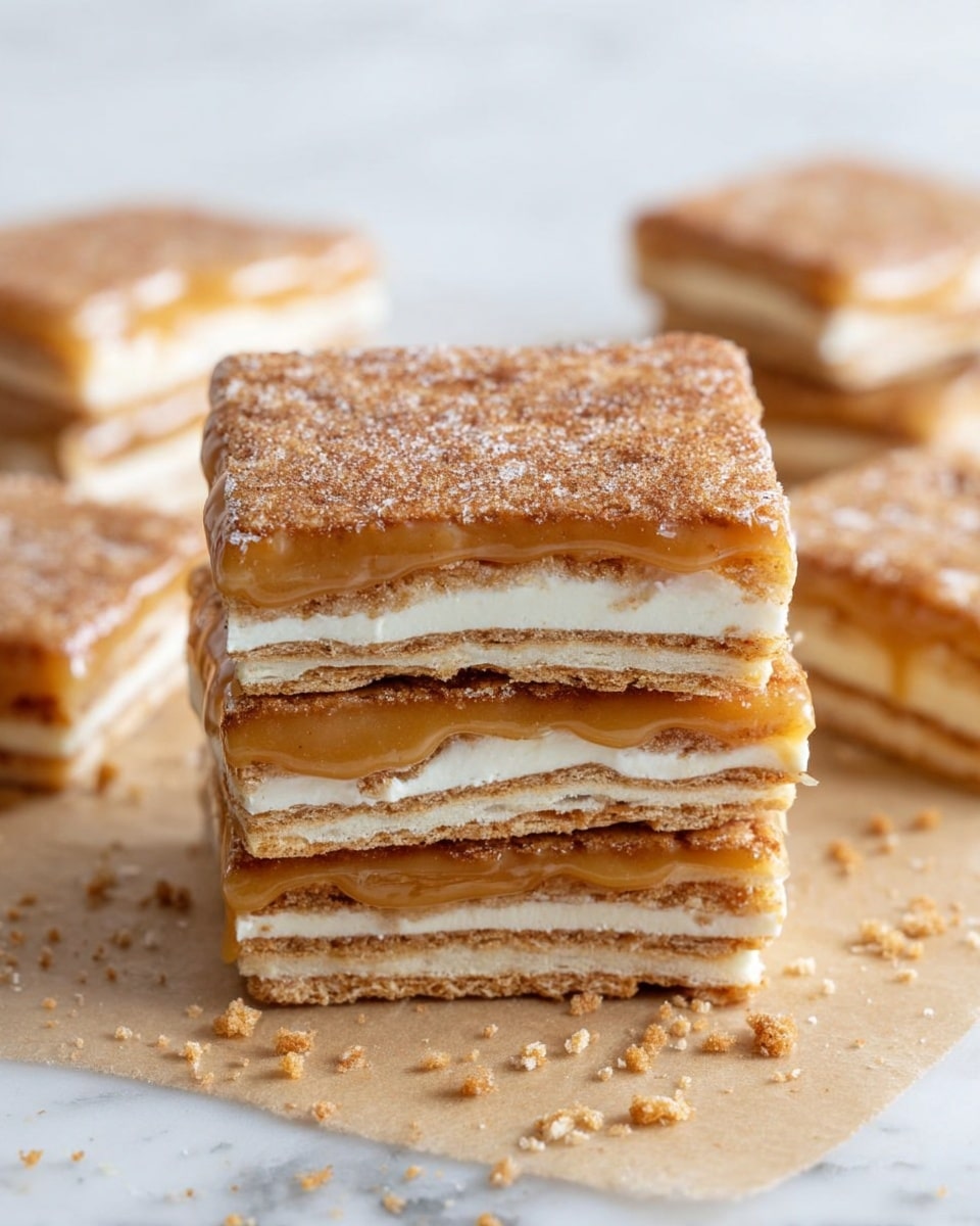 The image shows several square layers of a dessert scattered on brown parchment paper over a white marbled surface. Each square has two visible layers: a smooth, light tan base and a thin white middle layer, topped with a rough layer of cinnamon sugar that gives a reddish-brown, grainy texture. The edges are clean cut, some squares slightly broken, showing a thin caramel-colored filling inside. Small white crumbs and bits of the dessert are scattered around the squares. photo taken with an iphone --ar 4:5 --v 7