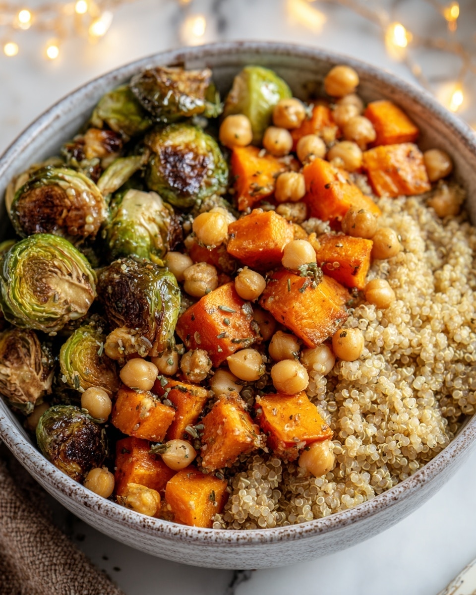 A close-up view of a bowl filled with three main layers: the bottom layer is fluffy, light beige quinoa, the middle layer includes bright orange roasted sweet potato chunks with a slightly crispy texture, and the top layer shows green roasted Brussels sprouts with browned, caramelized edges alongside light beige chickpeas scattered throughout. The bowl is placed on a white marbled surface with soft warm lights blurred in the background, creating a cozy atmosphere. photo taken with an iphone --ar 4:5 --v 7