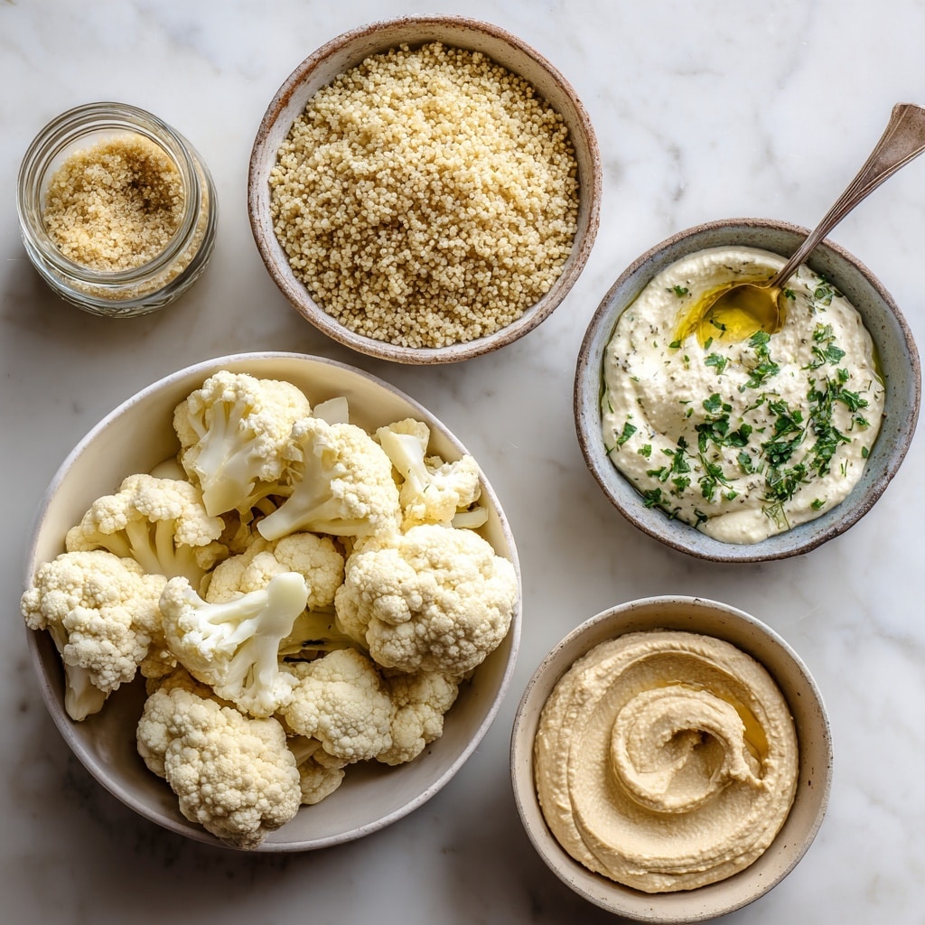 The image shows several white bowls and a jar arranged on a white marbled surface with fresh and cooked ingredients. The largest bowl near the center holds pale cream cauliflower florets with a rough, bumpy texture. Above it, a medium bowl contains beige, fluffy quinoa grains. To its top right is a small bowl with a creamy white sauce speckled with green herbs and a spoon inside. Next to that is another small bowl filled with clear golden olive oil. On the left side, a large plate is divided into three sections with dark green leafy kale, bright red halved cherry tomatoes, and sliced light green cucumbers. Below, a small bowl has white crumbly cottage cheese, and beside it another small bowl has a mix of dark purple and brown olives. Near the bottom, a bowl holds a pale brown, smooth hummus with a small swirl on top. Finally, at the bottom right corner, a glass jar contains bright pink pickled onions with visible slices and black peppercorns inside. Photo taken with an iphone --ar 4:5 --v 7