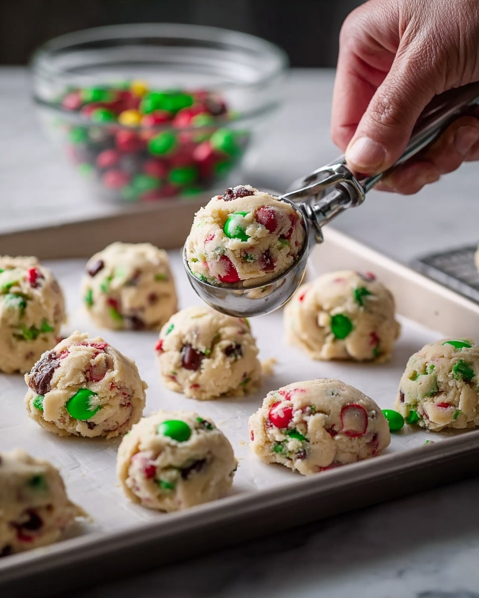 There is a white square plate with five soft, thick cookies on it, each cookie filled with bright red and green candy pieces and dark chocolate chips evenly spread across the light brown cookie dough. Around the plate, extra red and green candies and chocolate chips are scattered on a white marbled surface. Two small white bowls hold more colorful candies and chocolate chips in the background. Seasonal green pine branches with small red berries and pinecones decorate the scene, adding a festive touch. A red and white checked cloth is partially visible under the plate. photo taken with an iphone --ar 4:5 --v 7