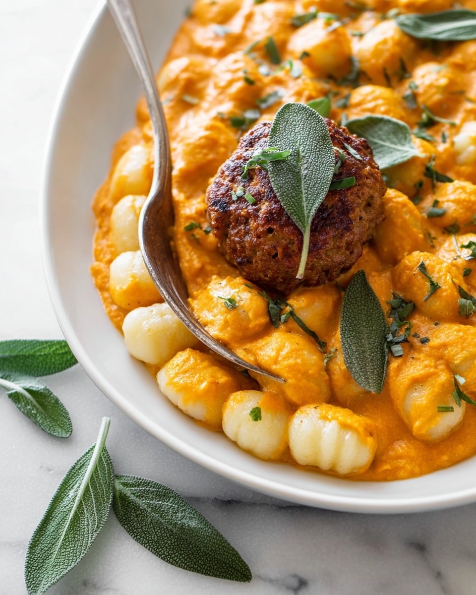 The image shows a silver pan filled with a creamy orange sauce, smooth in texture, covering the entire bottom layer. On top, there are about fifteen round meatballs, browned and slightly crispy on the outside, arranged with some space between them. Scattered over the meatballs and sauce are several fresh sage leaves, dark green and slightly fuzzy, adding a touch of contrast and texture. The pan sits on a beige cloth placed on a white marbled surface, with a small bunch of fresh sage in the background. The photo taken with an iphone --ar 4:5 --v 7
