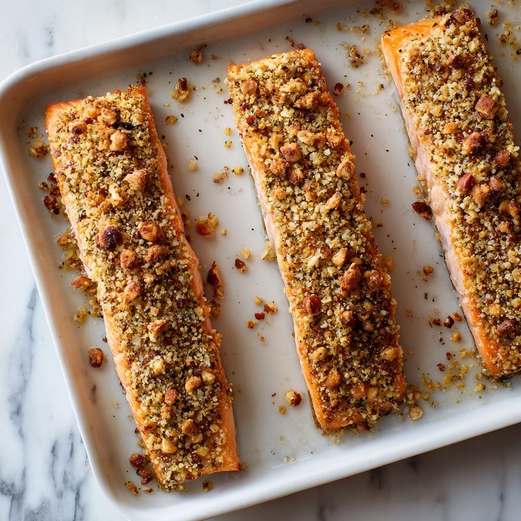 The image shows two salmon fillets on a white plate, each covered with a crunchy nut crust made of small chopped nuts, giving the top layer a rough and textured look in shades of light and dark brown. The salmon beneath is a soft, light pink color, visible where a fork has flaked a piece from the front fillet. Small green herb pieces are sprinkled gently on the surface of the nut crust adding a fresh touch. The plate is set on a white marbled surface, and the fork shines slightly in the light, being the only utensil in the scene. photo taken with an iphone --ar 4:5 --v 7