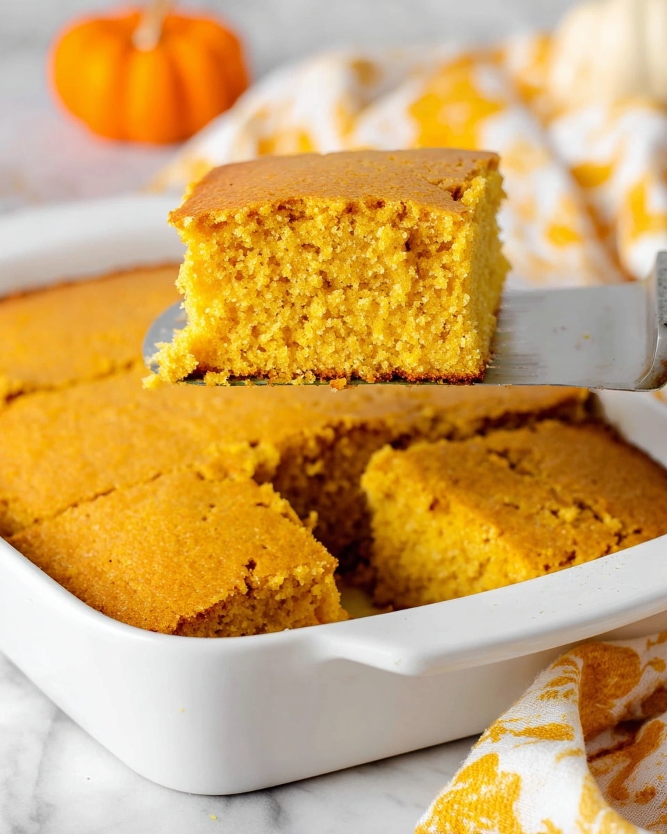 A close-up of a single square piece of moist orange pumpkin cake with a coarse texture sits in the center of a white plate on a white marbled surface. The cake is topped with a swirl of light cream-colored frosting dusted with cinnamon, and honey or syrup drips down one side onto the plate. In the background, there is a blurred plate with more pieces of the same pumpkin cake and scattered colorful autumn leaves around the plate. Photo taken with an iphone --ar 4:5 --v 7