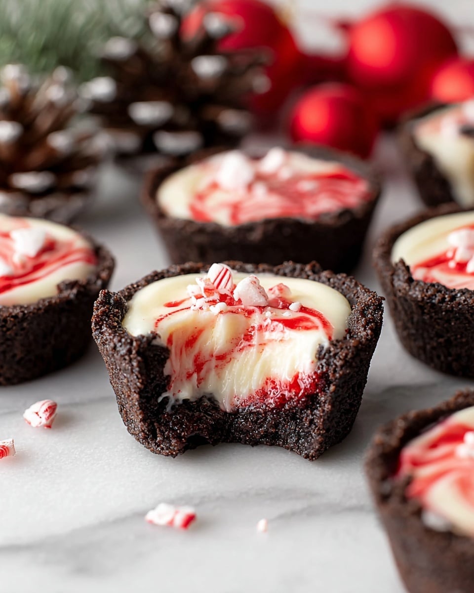 The image shows several small round desserts, each with a dark brown chocolate cup base that looks thick and slightly crumbly. Inside each cup is a layer of white creamy filling topped with a red swirled sauce, creating a swirl pattern on the surface. Crushed red and white peppermint pieces are sprinkled on top, adding texture and color contrast. The desserts are placed on a white marbled surface with pine cones and silver sparkly decoration around, giving a festive feel. photo taken with an iphone --ar 4:5 --v 7