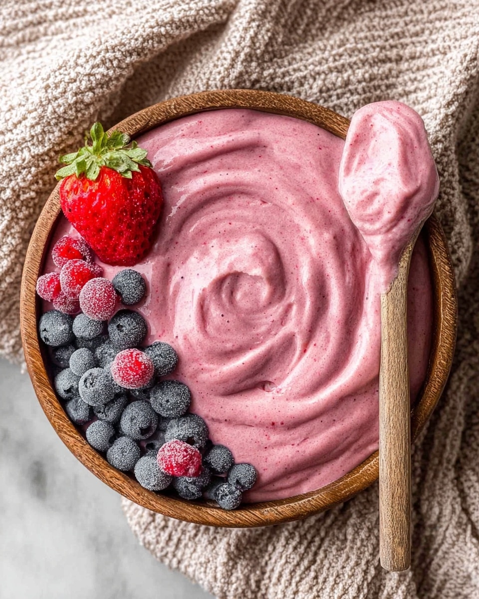 A top view of a white bowl filled with a thick, creamy swirl of bright pink smoothie, topped on one half with a cluster of plump, frosty blueberries and small red berry pieces, and on the other half with one fresh red strawberry with green leaves, sitting on a textured light gray cloth. photo taken with an iphone --ar 4:5 --v 7