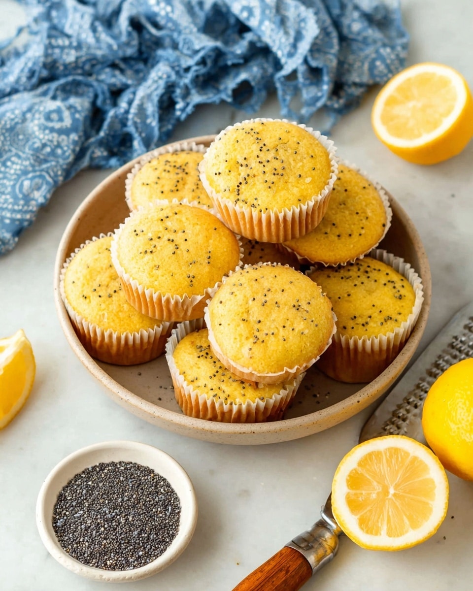 A stack of three yellow poppy seed muffins is shown on a white plate set on a white marbled surface. The bottom two muffins sit fully intact, both covered in white muffin liners with a slightly crinkled texture. On top is the third muffin, which has a bite taken out of it, revealing a soft, crumbly interior speckled with tiny black poppy seeds. In the background, more muffins in white liners are visible in a white bowl, softly blurred. The overall tone is warm and inviting, focused on the texture and natural color of the muffins. Photo taken with an iphone --ar 4:5 --v 7