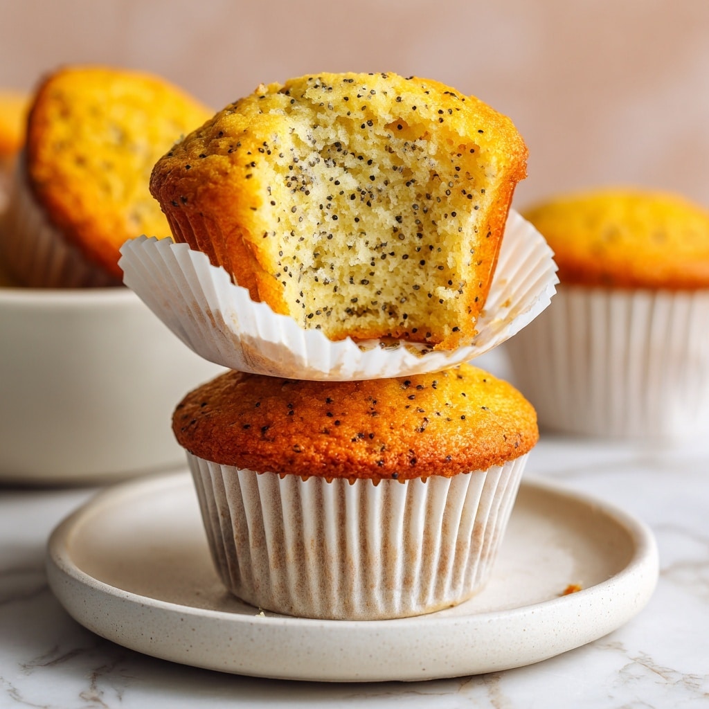 A beige bowl filled with about ten lemon poppy seed muffins, each in white paper liners, showing a soft golden-yellow top dotted with small black poppy seeds, stacked closely together. Around the bowl on a white marbled surface are two whole lemons, one cut in half to show the juicy inside, a small white dish filled with black poppy seeds, a metal grater with a wooden handle, and a crumpled blue cloth with white patterns. The scene is brightly lit, highlighting the fresh and natural look of the muffins and ingredients. photo taken with an iphone --ar 4:5 --v 7