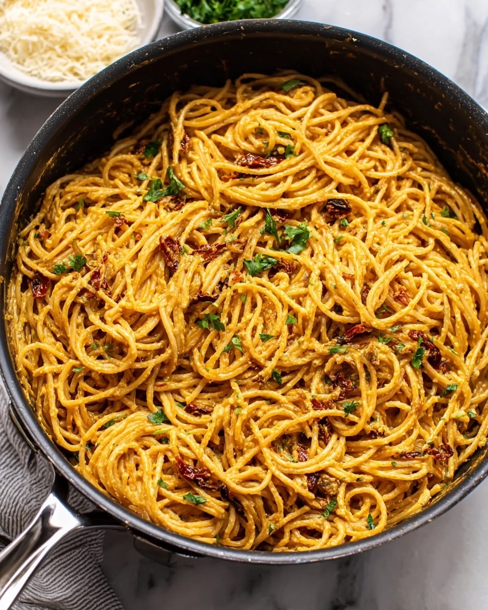 The image shows a large black cooking pan filled with spaghetti pasta coated in a creamy orange sauce. The spaghetti noodles are mixed evenly with small green parsley leaves scattered on top, adding a fresh touch. There are tiny bits of what looks like sun-dried tomatoes or roasted peppers mixed in, giving texture and color variation among the noodles. The pan rests on a white marbled surface, with a white bowl filled with cheese and some green herbs visible blurred in the background. Photo taken with an iphone --ar 4:5 --v 7