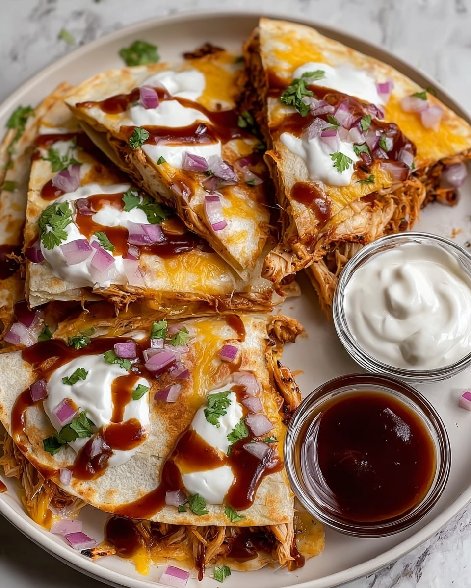 The image shows a white plate with several pieces of quesadillas arranged in a slight stack. Each quesadilla has a browned, crispy tortilla exterior filled with shredded, tender chicken meat mixed with melted yellow cheese. On top, there are dollops of smooth, white sour cream and drizzles of dark brown barbecue sauce. Small bits of purple-red diced onions and chopped green cilantro are sprinkled across the quesadillas, adding color contrast. On the plate’s side, there are two small glass bowls filled separately with sour cream and barbecue sauce. The plate is on a white marbled surface. Photo taken with an iphone --ar 4:5 --v 7