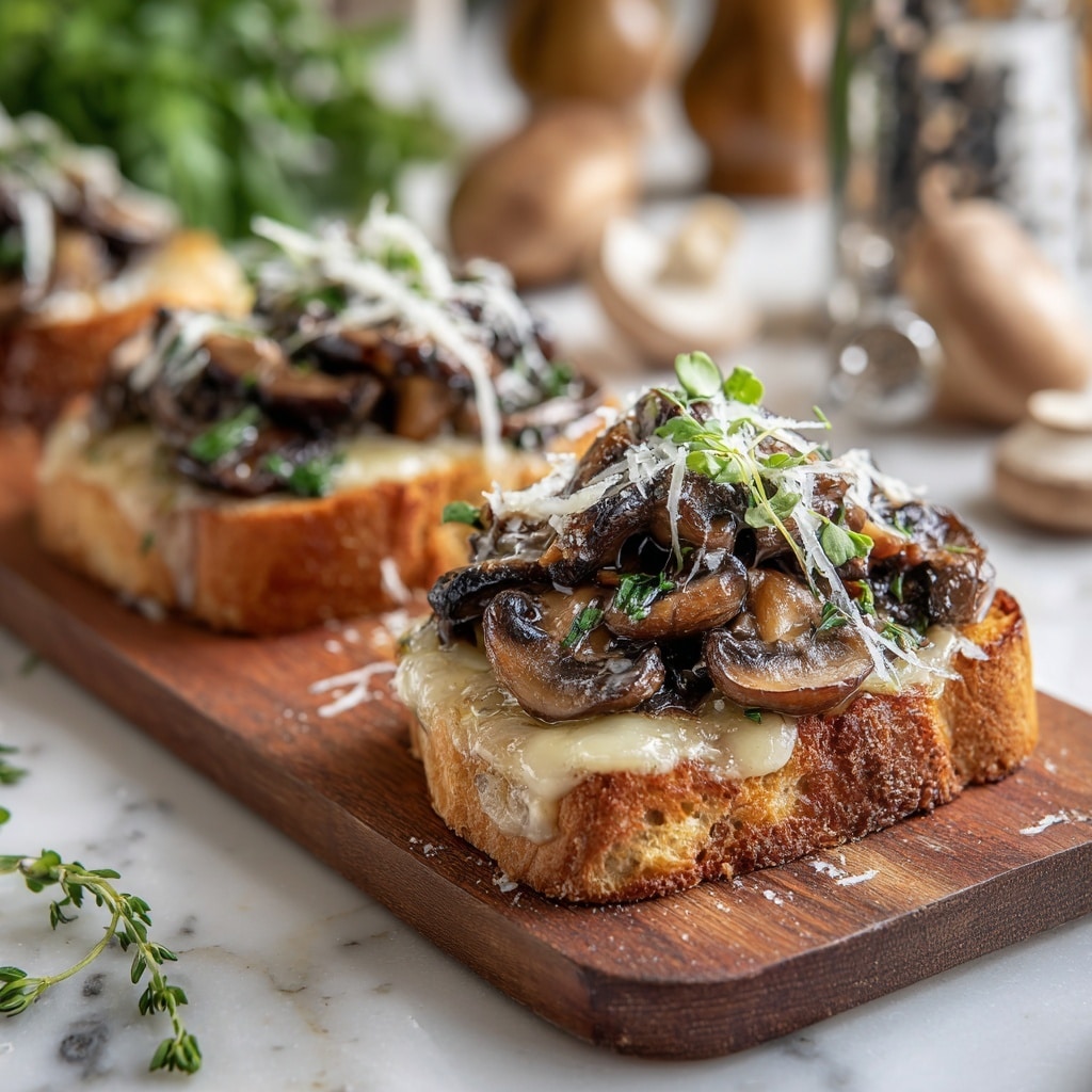 A thick slice of toasted bread forms the base, golden brown with a slightly rough texture and crispy edges. On top, there is a generous layer of cooked sliced mushrooms with a glossy, dark brown color and tender texture. Melted pale yellow cheese is spread unevenly over the mushrooms, some parts bubbling and browned slightly, melting down the sides of the bread. Small green sprigs of fresh herbs like thyme are scattered delicately on the top, adding a fresh contrast. The toast sits on a light wood board, with a small piece of melted cheese and herb fallen beside it. The surface below is a white marbled texture. photo taken with an iphone --ar 4:5 --v 7