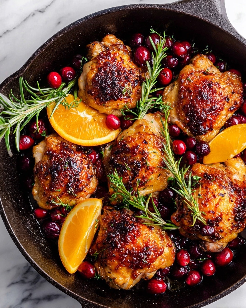 On a black plate, there are two pieces of cooked chicken with golden brown skin, covered with a thick, chunky cranberry sauce that has a deep red color and whole cranberries mixed throughout. The chicken pieces are placed side by side, sitting in a pool of the glossy cranberry sauce. Around the plate on a wooden surface, there are scattered fresh cranberries, bright green parsley, and halved orange slices adding color to the setting. A beige cloth is partially visible near the bottom right corner. photo taken with an iphone --ar 4:5 --v 7