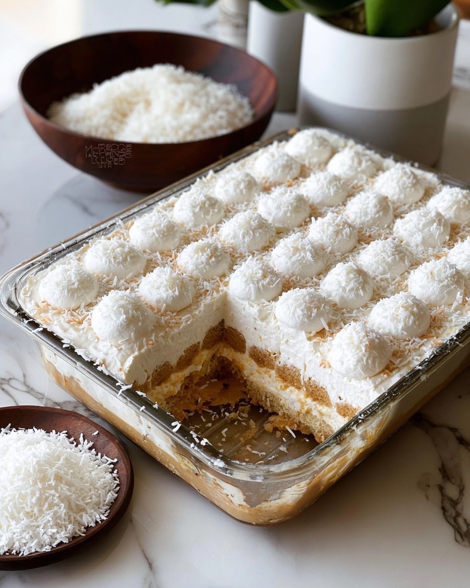 A rectangular glass dish holds a layered dessert with a visible bottom layer of light brown cake soaked in a creamy liquid, topped with a thick, smooth white cream layer, and finished with evenly spaced dollops of whipped cream sprinkled with white shredded coconut, creating a textured and fluffy appearance on top. A portion is missing from one corner, showing the soaked cake layer beneath the cream. The dish sits on a white marbled surface, with a dark brown bowl containing white shredded coconut and a white pot with a green plant in the background. Photo taken with an iphone --ar 4:5 --v 7