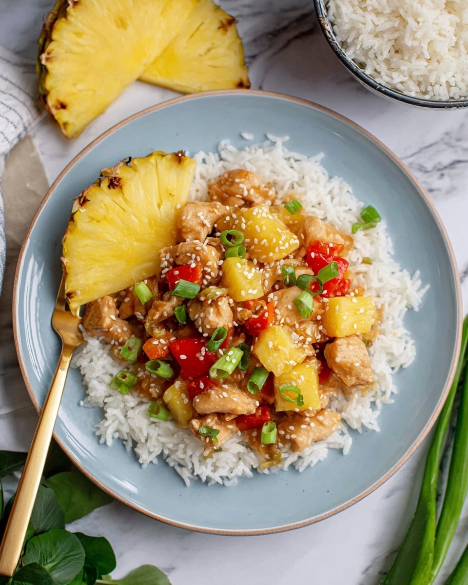 A light blue plate holds a bed of white rice as the bottom layer, topped with a mixture of golden-brown cooked chicken pieces, bright yellow pineapple chunks, and small red bell pepper pieces. The dish is garnished with chopped green onions and white sesame seeds scattered over the top. Two fresh yellow pineapple slices with green edges are placed at the back of the plate. A gold fork rests on the left side of the plate, all set on a white marbled surface with some green leaves and a bowl of white rice partially visible in the background. photo taken with an iphone --ar 4:5 --v 7