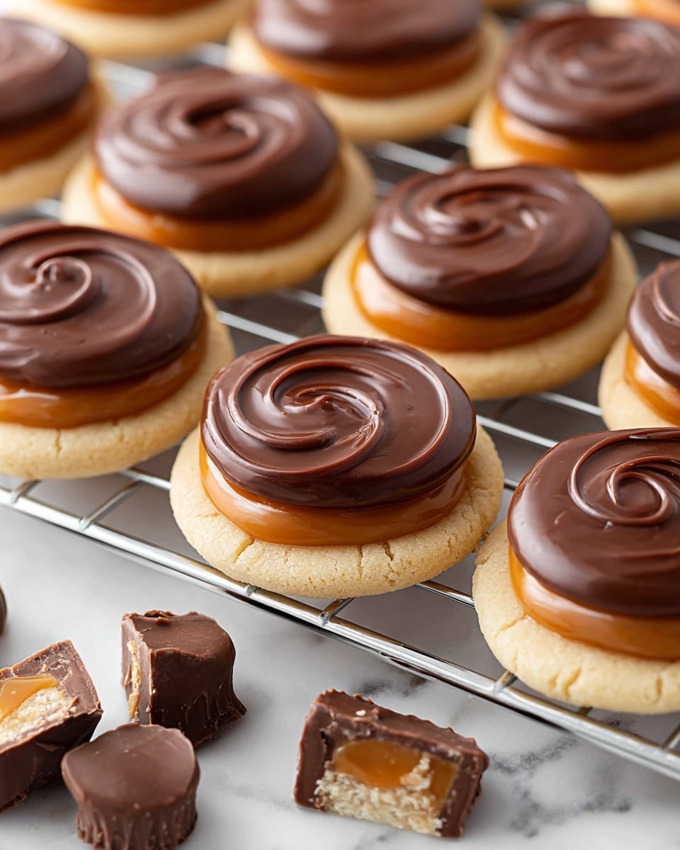 The image shows round cookies on a wire rack over a white marbled surface. Each cookie has three layers: a light golden-brown baked base, a shiny caramel ring in the middle, and a smooth swirl of glossy milk chocolate on top. Around the rack, there are chocolate-covered candy pieces, some broken to reveal caramel and nougat inside. The cookies are neatly arranged in rows, with soft light highlighting their shiny texture. photo taken with an iphone --ar 4:5 --v 7