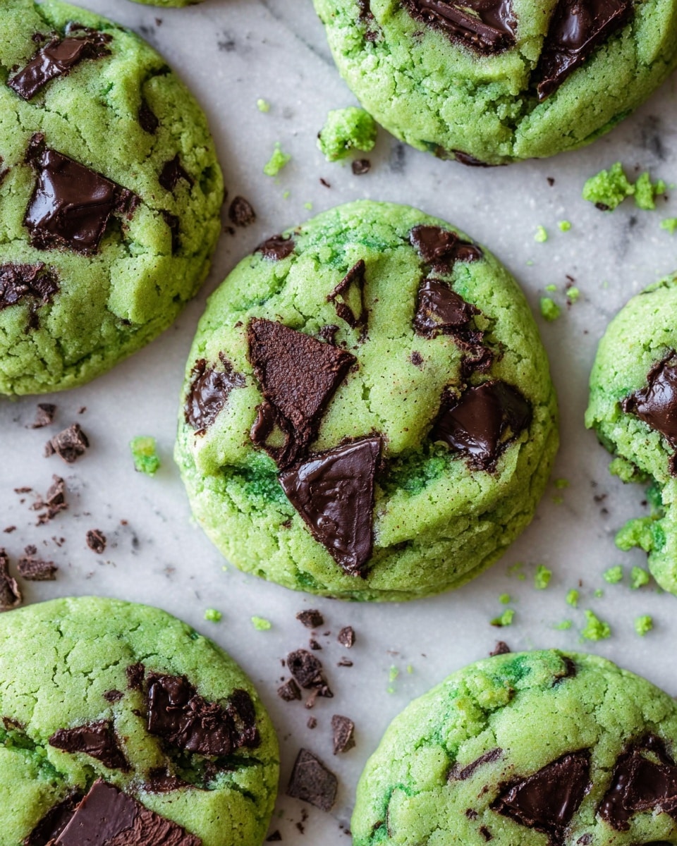 This image shows several bright green cookies with large, uneven dark chocolate chunks embedded on the surface. The cookies have a slightly soft and chewy texture with some cracks, and the chocolate pieces vary in size and shape, adding contrast. The cookies are placed directly on a white marbled textured surface with small crumbs scattered around them, giving a fresh, homemade feel. photo taken with an iphone --ar 4:5 --v 7