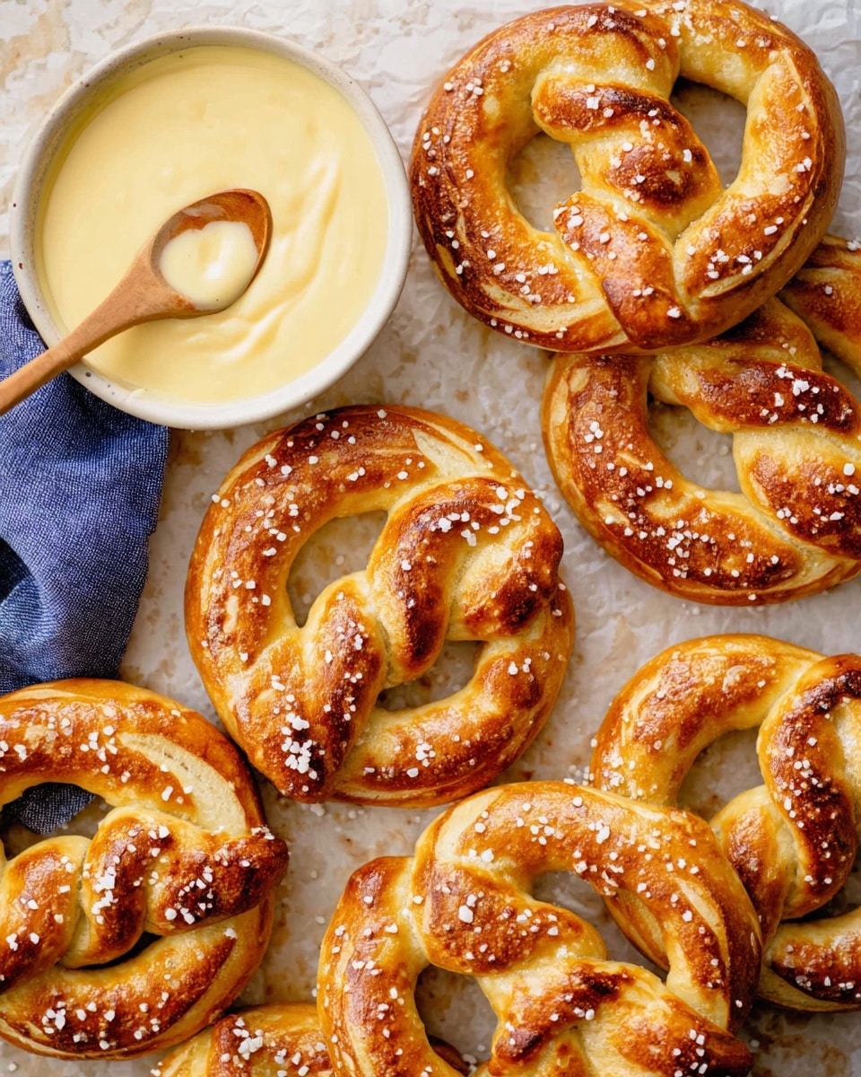 The image shows several golden-brown soft pretzels with a shiny crust and large salt crystals sprinkled on top, arranged closely on a sheet of parchment paper, sitting on a white marbled surface. Each pretzel has a thick, twisted shape with a slightly browned, textured surface. To the left side, there is a white bowl filled with smooth, creamy cheese sauce that is pale yellow, with a wooden spoon dipped into it. The pretzels and cheese sauce create a warm and inviting scene of a classic snack. Photo taken with an iphone --ar 4:5 --v 7