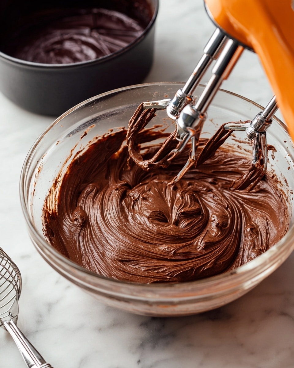 A close-up view shows a vanilla cupcake with a yellow sponge base wrapped in a white paper liner, topped with a thick swirl of smooth, dark brown chocolate frosting being piped from a metal tip of a piping bag. Several more cupcakes with the same layers are arranged in the background on a gold cooling rack, which rests on a teal cloth over a white marbled surface. The frosting is rich and creamy with soft peaks, spiraled neatly on top of each cupcake. Photo taken with an iphone --ar 4:5 --v 7