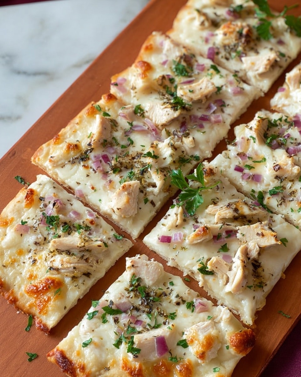 A single slice of pizza is on a white plate with a metal fork beside it. The pizza has a thin crust that is light brown and slightly crispy. The first layer is creamy white sauce. On top, there are small pieces of cooked chicken, some melted cheese with golden brown spots, and bits of purple onion. Fresh green herbs are sprinkled over the slice for color contrast. In the background, more pizza slices are on a wooden board, and there is a brown bottle with a green and white label. The setting is on a white marbled surface with an orange and white patterned cloth partly visible. photo taken with an iphone --ar 4:5 --v 7