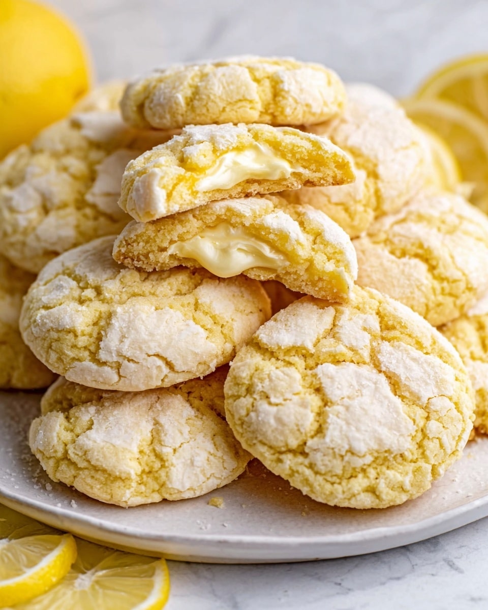 A white plate filled with crinkled lemon cookies stacked on top of each other, the cookies have a cracked, soft texture with a pale yellow color. One cookie is broken in half to show a creamy lemon filling inside, which is smooth and thick. Around the plate, there are bright yellow lemon slices placed for decoration. The background is a white marbled texture, and a woman's hand is slightly touching the plate. photo taken with an iphone --ar 4:5 --v 7
