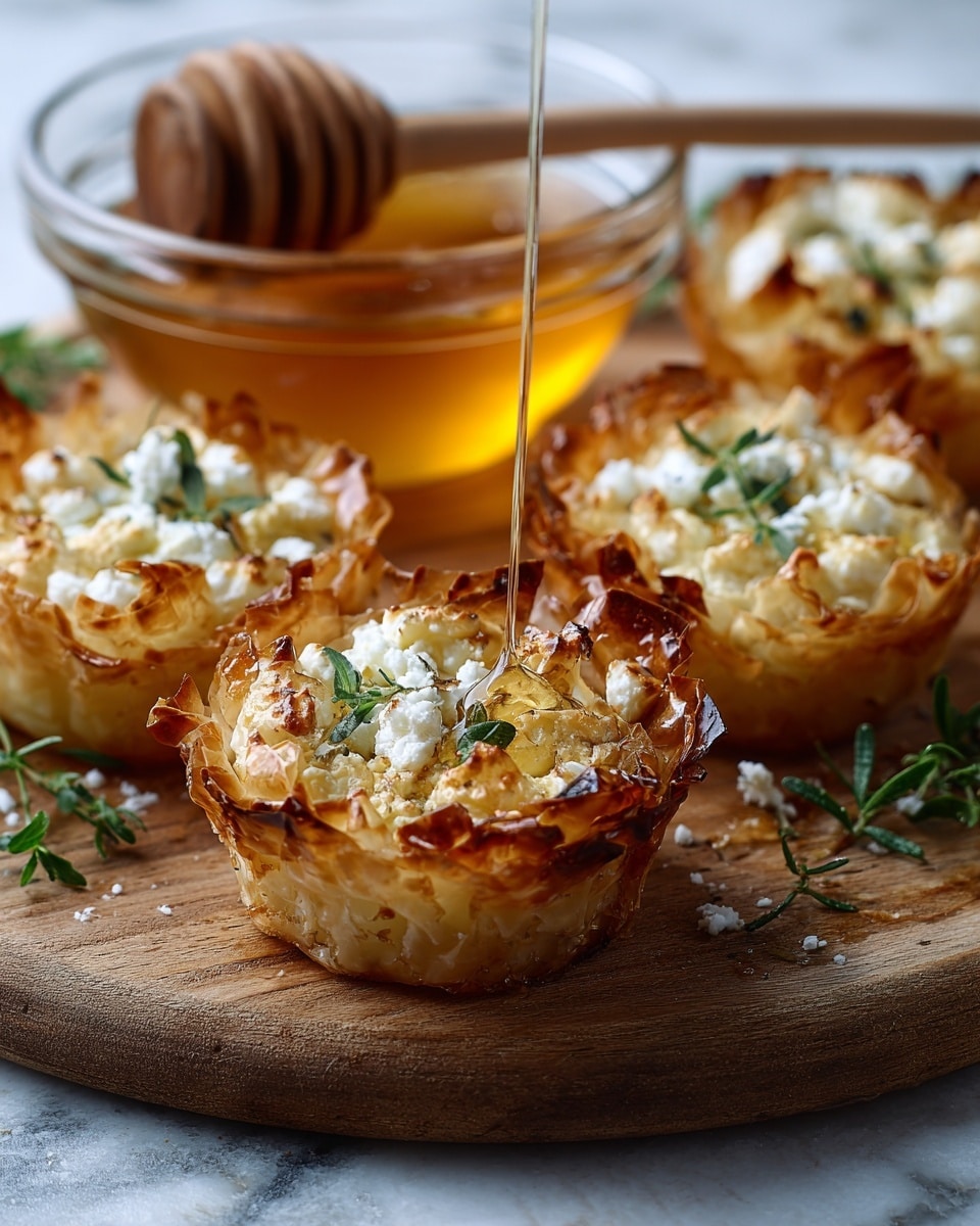 The image shows several small tart-like cups made from crispy, golden-brown phyllo dough forming the outer layer, each filled with a creamy white cheese that has browned spots on top from baking. Fresh green herb sprigs and crumbs of cheese are sprinkled over the top, adding texture and color. A clear glass bowl filled with golden honey sits behind the tarts on a round wooden board, next to a honey dipper resting in a small pool of honey. Honey is being gently drizzled over one tart, adding shine and wetness to the surface. The background is a white marbled texture. photo taken with an iphone --ar 4:5 --v 7