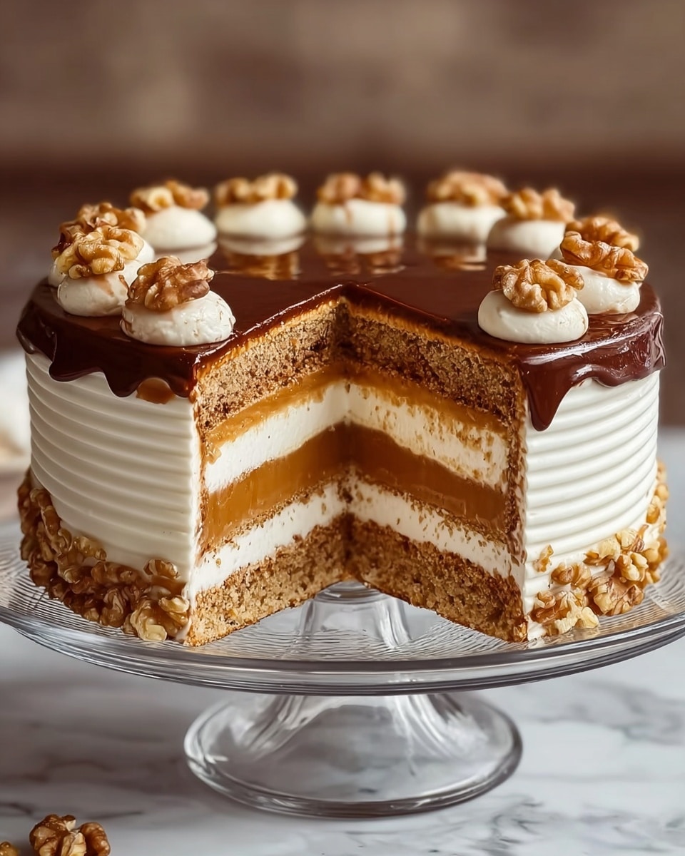 A close-up view of a multi-layered cake slice on a white plate with a silver cake server nearby. The cake has five layers of light brown and white textures, alternating between moist cake and creamy frosting layers. On top, there are small white meringue-like dollops, whole nuts including hazelnuts and almonds, and swirls of light brown frosting. In the background, there is another plate with a larger cake with similar layers and setting. The surface beneath the plate is a white marbled texture with more scattered whole hazelnuts around. Photo taken with an iphone --ar 4:5 --v 7