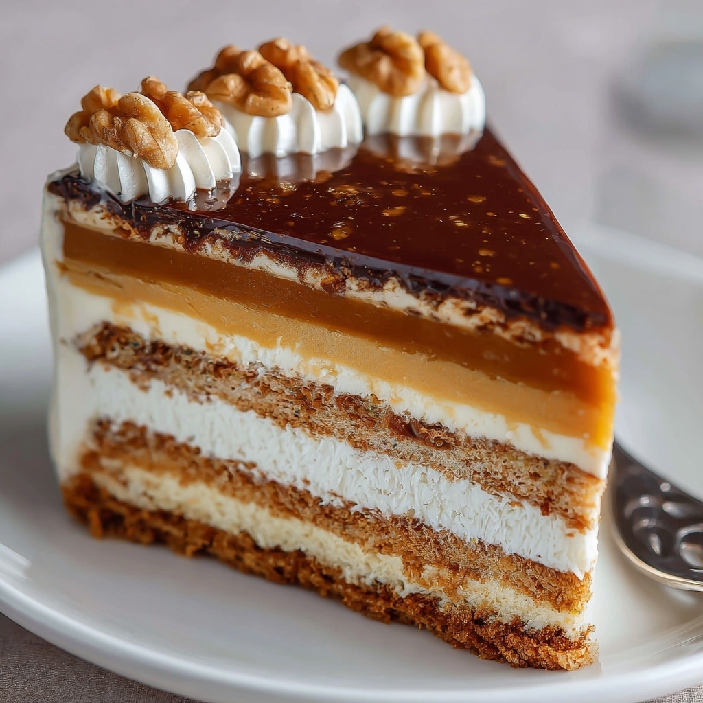 A four-layer cake is shown on a clear glass cake stand, placed on a white marbled surface. The bottom layer is a light brown cake base with a smooth, thick caramel layer on top. Above this is a thick white cream layer. The second cake layer is slightly darker brown with visible crumbs, followed by another thin white cream layer and a thin golden caramel layer. The third cake layer is the same as the second, topped by a thick white cream layer. The top of the cake is covered with a shiny dark chocolate glaze, decorated with whole walnuts arranged evenly around the edge. The sides of the cake are coated with a smooth white cream that has a slight ridged texture. Photo taken with an iphone --ar 4:5 --v 7