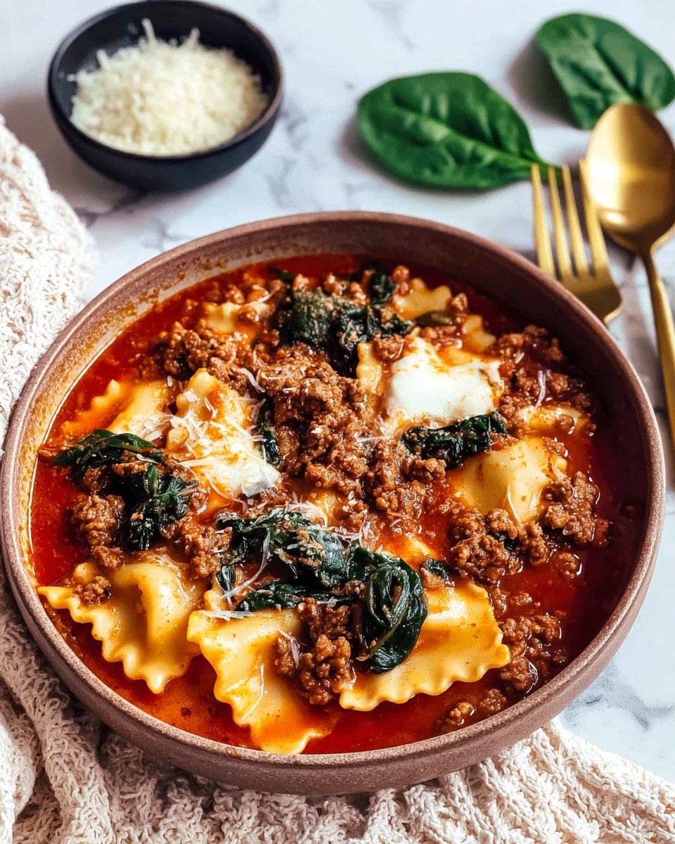 A brown bowl filled with lasagna soup sits on a white marbled surface, showing three layers of wavy yellow pasta sheets partially submerged in a rich, red tomato broth. The soup is topped with crumbled browned ground beef and wilted dark green spinach leaves scattered across. White melted cheese patches are spread unevenly on top, adding a creamy contrast. A small black bowl of grated parmesan sits to the side, with a couple of fresh spinach leaves nearby. In the background, gold fork and spoon rest on a cream knitted cloth. photo taken with an iphone --ar 4:5 --v 7