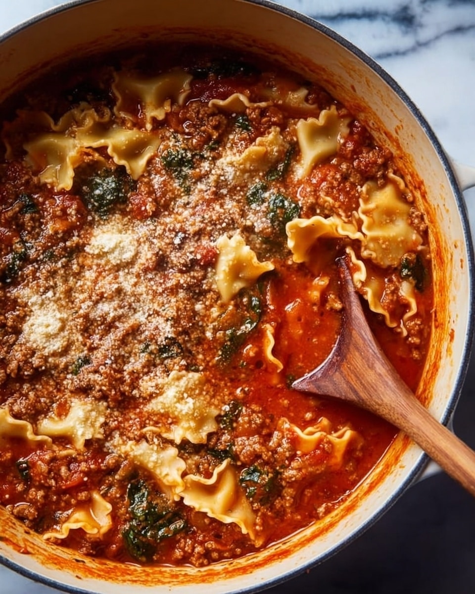 A large white pot filled with a thick lasagna soup that has three main layers: the bottom layer is chunky, bright red tomato sauce mixed with cooked ground beef and dark green spinach pieces; the middle layer shows curly, wide lasagna pasta pieces floating and partially covered in sauce; the top layer is sprinkled with a fine dusting of light tan grated cheese. A wooden spoon dips into the soup from the right side, creating a small swirl in the sauce. The pot sits on a white marbled surface. photo taken with an iphone --ar 4:5 --v 7