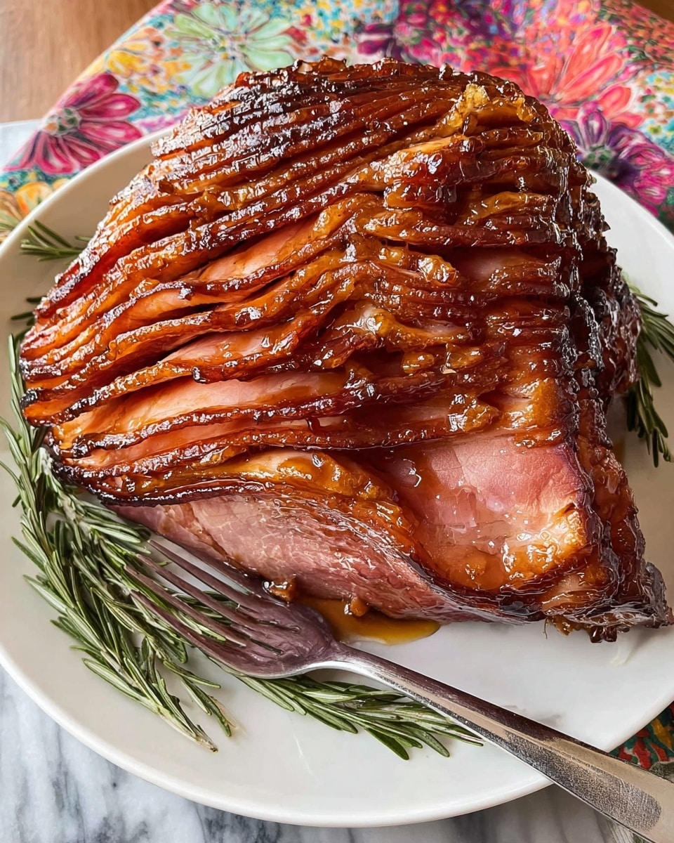 A large glazed ham with about twelve thick layers is presented on a white plate, showing its rich brown glaze that covers each layer with a shiny and slightly sticky texture; the outer edges are darker and caramelized, while the inside layers are pink and tender. A fork rests on the plate near the base of the ham, and two sprigs of green rosemary lie beside it, adding a fresh touch to the arrangement. The plate sits on a white marbled surface with a colorful cloth partly visible behind it. Photo taken with an iphone --ar 4:5 --v 7