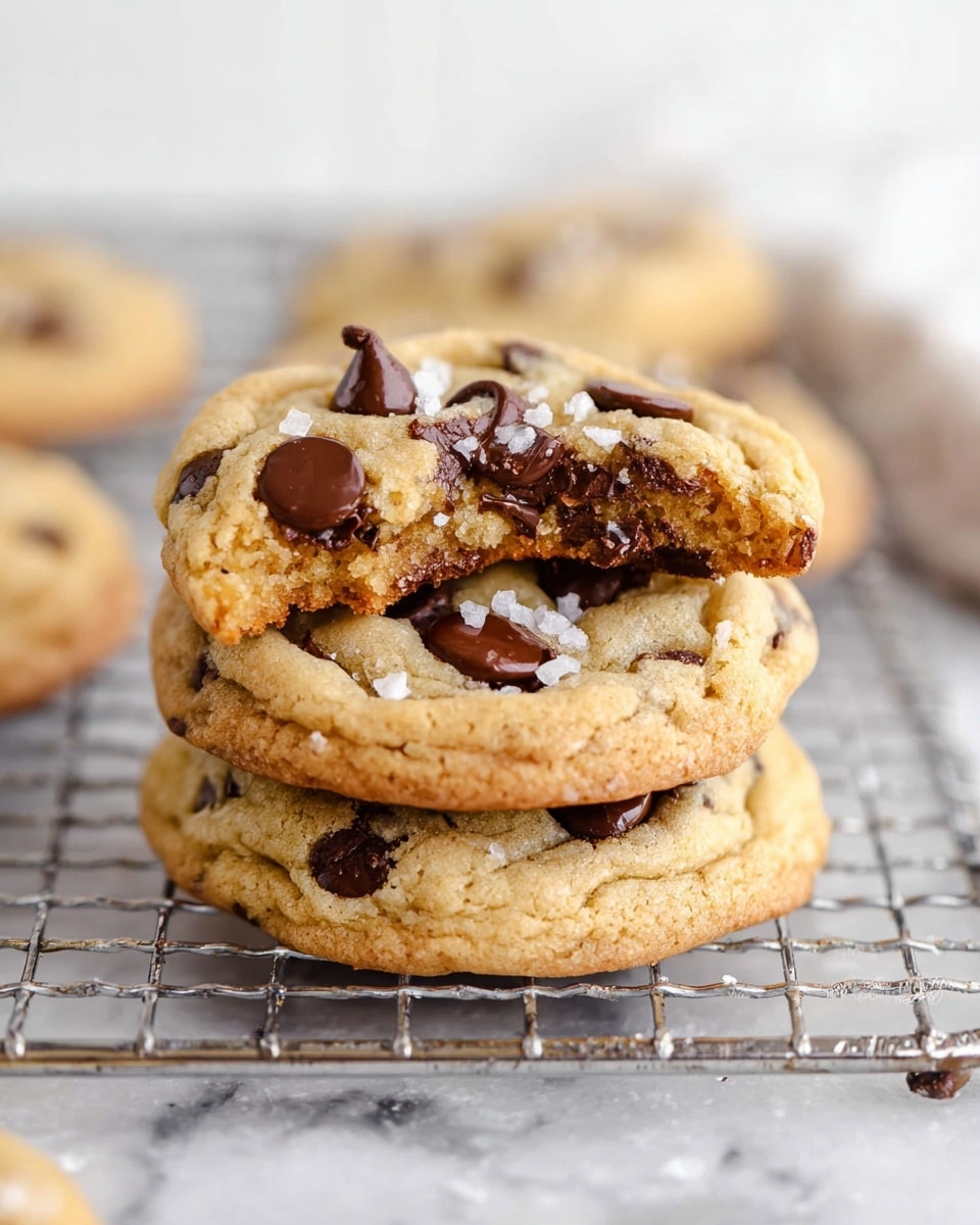 A close-up view of six golden brown chocolate chip cookies resting on a silver cooling rack placed over a white marbled surface. Each cookie is thick and soft with a slightly cracked texture, covered with dark brown, shiny chocolate chips unevenly spread across the top, blending well with the warm, light tan dough. A pink cloth and a small piece of blue cloth are partially visible near the edges of the frame, adding a cozy touch. Photo taken with an iphone --ar 4:5 --v 7