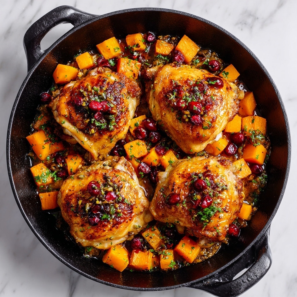 A black cast iron pan holds four golden-brown cooked chicken thighs arranged in a circular pattern with their slightly crispy skin facing up. Around the chicken pieces, there is a layer of bright orange roasted carrot cubes and dark brown pecans scattered throughout. Fresh green sprigs of thyme rest on top, adding a touch of color contrast. The pan sits on a white marbled surface, highlighting the warm colors of the dish. photo taken with an iphone --ar 4:5 --v 7