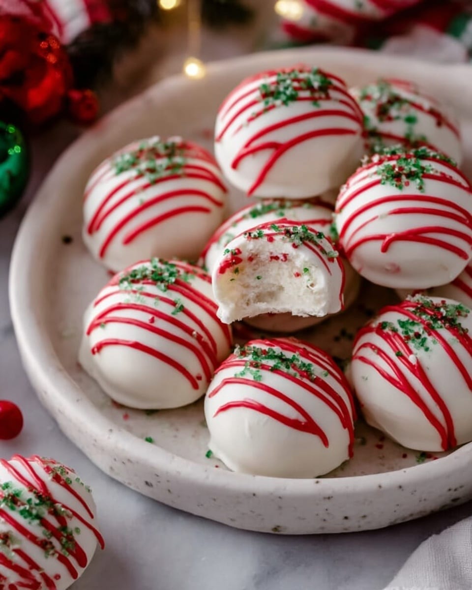 A white ceramic dish holds several round, white cookie balls decorated with thin red stripes and small green sugar crystals on top. One cookie ball is cut open, showing a crumbly interior with colorful sprinkles scattered inside. The cookies are tightly grouped in the bowl, which sits on a white marbled surface. In the background, blurred decorations add a festive touch. Photo taken with an iphone --ar 4:5 --v 7