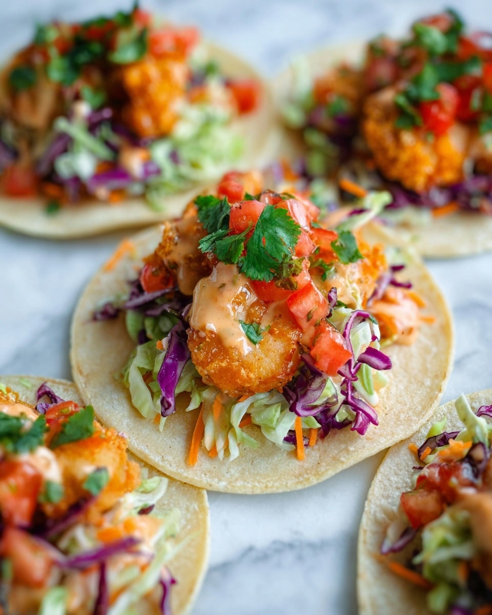 The image shows three small tacos placed on a white marbled surface. Each taco has a soft, light beige tortilla with slight charring on the edges, folded in a semi-circle. Inside the tortillas, there is a base layer of shredded purple cabbage, topped with small diced red tomatoes. On top of the tomatoes and cabbage sit three fried shrimp each, golden-orange in color with a crispy texture and coated in a glossy sauce. A light pink creamy sauce is drizzled over the shrimp in zigzag lines. The tacos are garnished with small pieces of bright green cilantro leaves, adding freshness to the vibrant colors. photo taken with an iphone --ar 4:5 --v 7