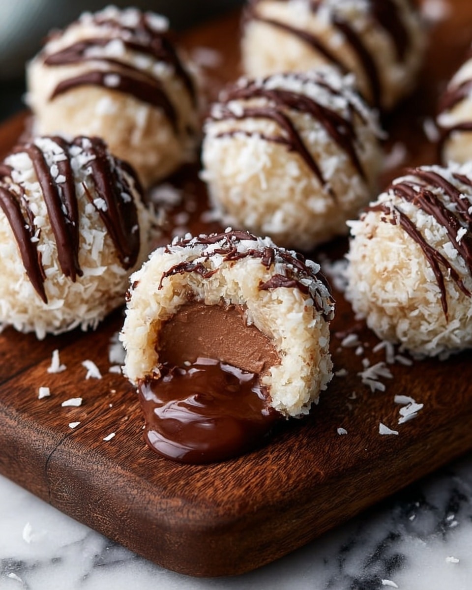 The image shows round white coconut balls covered in shredded coconut placed on a white marbled surface with a sheet of parchment paper beneath them. Each coconut ball is topped with thin, dark brown chocolate drizzle, creating a striped pattern. To the upper right, there is a white bowl filled with melted chocolate, with a spoon dipped in the chocolate resting inside. The texture of the coconut balls looks soft and fluffy while the chocolate appears smooth and shiny. photo taken with an iphone --ar 4:5 --v 7