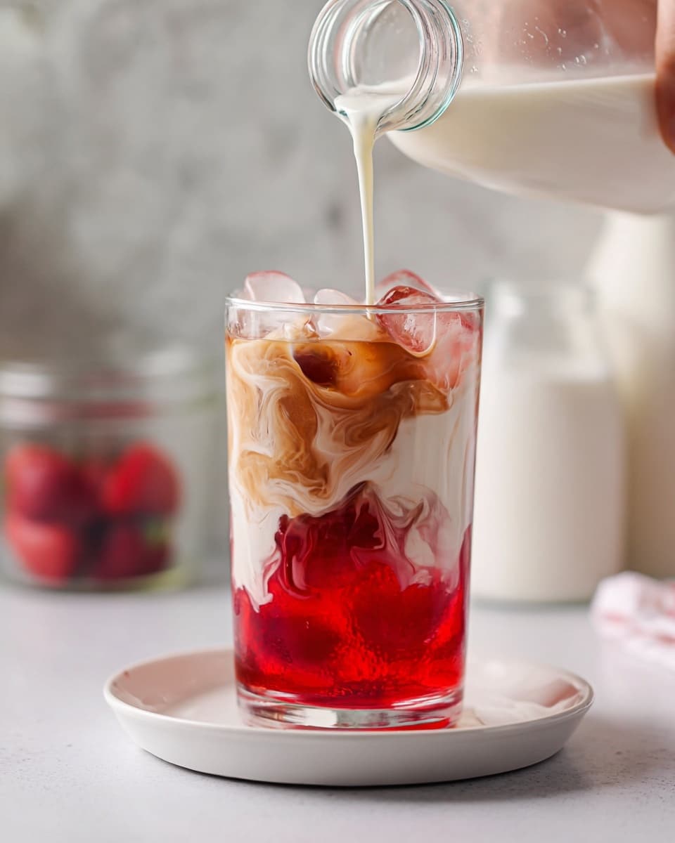 The drink is in a clear glass with a silver metal straw, with three visible layers: a thin deep red layer at the bottom, a large middle layer of light pink milk with ice cubes mixed inside, and fresh raspberries floating on top. The glass is placed on two stacked white hexagonal coasters on a white marbled surface. In the background, there is a blurred second glass of the same drink, also on a white coaster, and a small wooden bowl full of raspberries. There are also some loose raspberries and ice cubes scattered in the foreground. Photo taken with an iphone --ar 4:5 --v 7