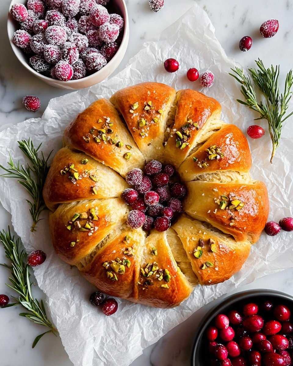 A golden brown ring-shaped bread with a shiny, smooth crust sits in the center of white crumpled parchment paper on a white marbled background. The bread is divided into eight rounded sections, each topped with scattered green pistachio pieces, coarse salt, and small rosemary leaves. Bright red fresh cranberries and green rosemary sprigs are spread around and inside the center hole of the bread. At the top, a white bowl filled with frosted cranberries dusted with sugar is partially visible, while a black bowl at the bottom right corner is filled with fresh cranberries. Photo taken with an iphone --ar 4:5 --v 7