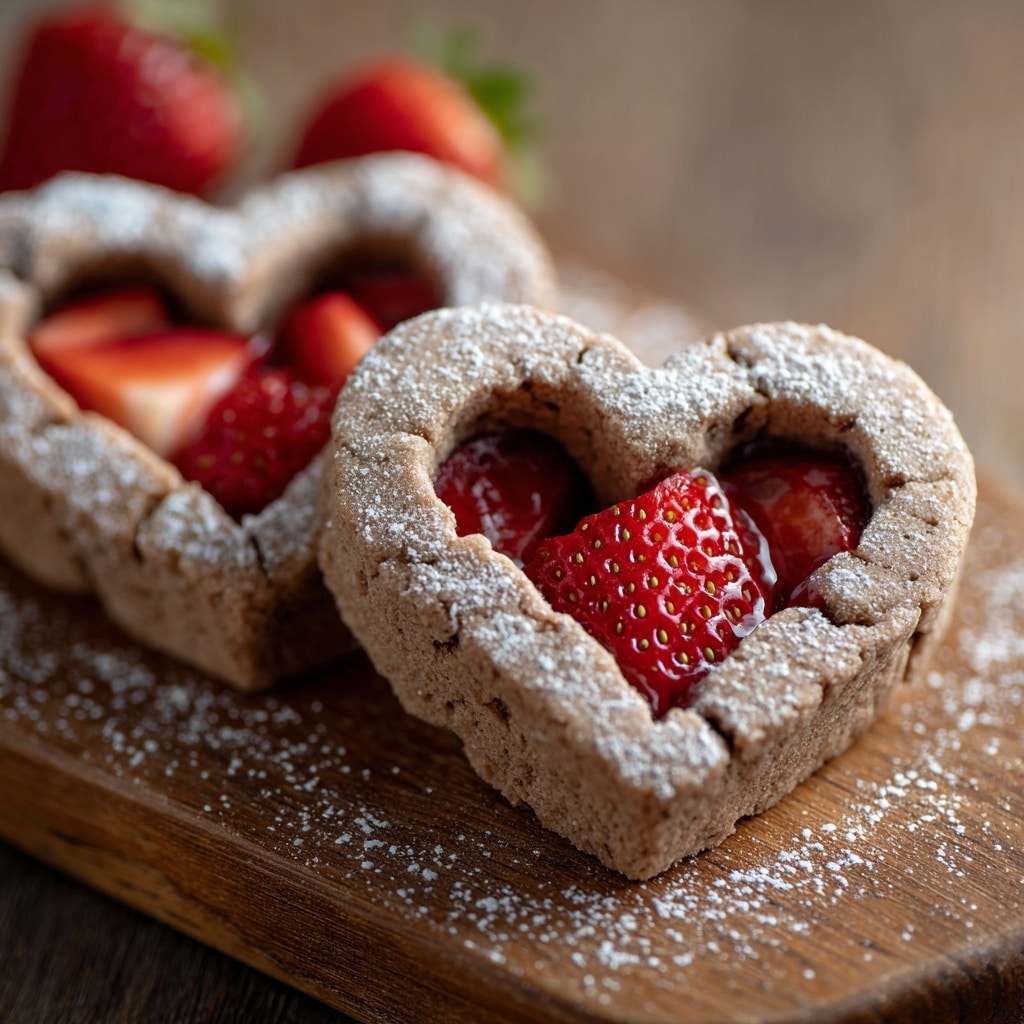 The image shows three small heart-shaped pastries on a white plate with a white marbled surface underneath. Each pastry has a golden brown crust forming the heart shape with a soft, slightly fluffy texture. Inside the crust, there are fresh red strawberry slices arranged in a layered pattern, with some overlapping each other. The strawberries look juicy and bright, with a glossy finish. The pastries are sprinkled with a light dusting of white powdered sugar, which also covers parts of the plate and surface, adding a soft contrast. Small bits of dried rose petals or crumbs are scattered around the pastries on the plate, giving a delicate touch. photo taken with an iphone --ar 4:5 --v 7