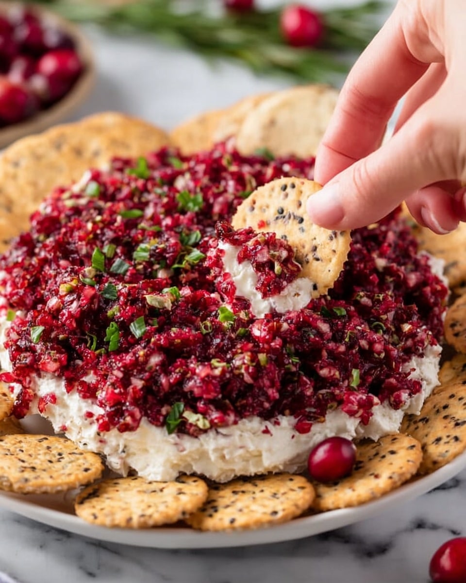A white plate holds a two-layer dip placed on a woven placemat with a white marbled texture surface beneath. The bottom layer is smooth and creamy with a soft white color, covering the entire plate base. The top layer is thick and textured, made of finely chopped bright red and dark purple ingredients mixed with bits of green herbs, spread evenly over the white base. A round pale beige cracker is partially dipped into the creamy layer on the right side of the plate, and a fresh green cilantro leaf rests on the vibrant red topping near the center left. Photo taken with an iphone --ar 4:5 --v 7