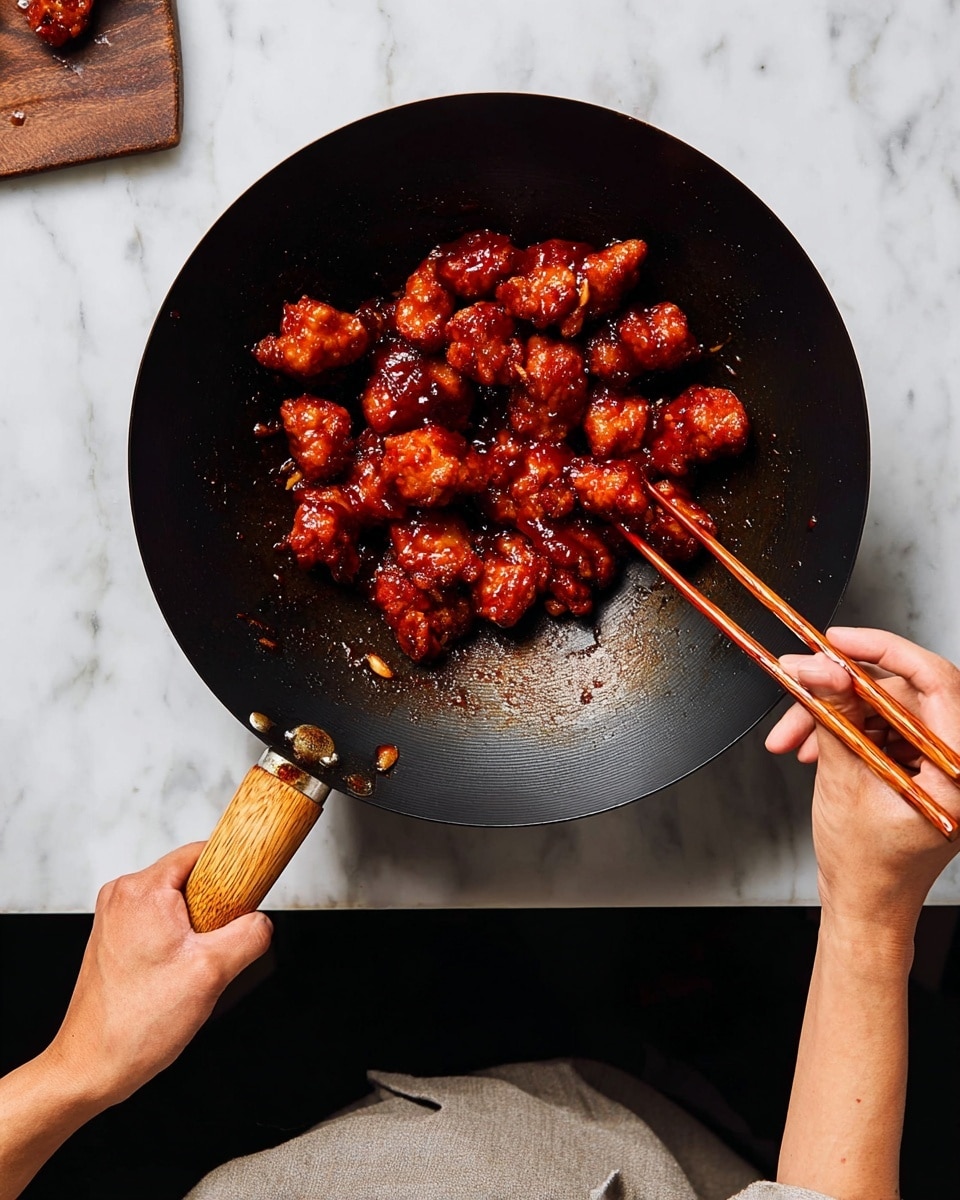 A top-down view of a black wok with a wooden handle on a white marbled surface, filled with evenly spaced, glossy, deep red-brown pieces of fried chicken coated in sauce. A pair of wooden chopsticks held by a woman’s hand is picking up one piece, while another woman's hand grips the wok handle. The person wearing a grey shirt is partially visible from above, centered at the bottom of the image. photo taken with an iphone --ar 4:5 --v 7
