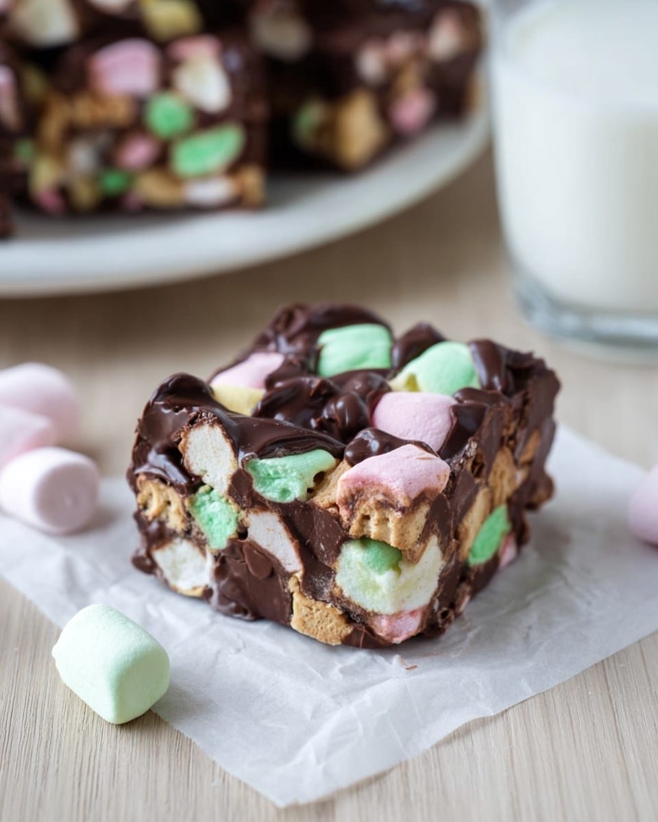 A close-up image of a rocky road dessert cut into square pieces on a piece of white parchment paper. Each square has several visible layers and textures: a base of rich melted chocolate, mixed with fluffy pastel-colored marshmallows in pink, green, and cream shades, and chunks of biscuit or nuts adding a rough texture. The top is glossy with melted chocolate drizzled unevenly, making the surface shiny and sticky. A few pieces are slightly angled, showing the thick, dense interior filled with colorful marshmallows and crunchy bits. Next to the squares is a knife with a black handle, resting partly on a wire rack and partly on the wood-textured table. The whole setting is on a white marbled surface. Photo taken with an iphone --ar 4:5 --v 7