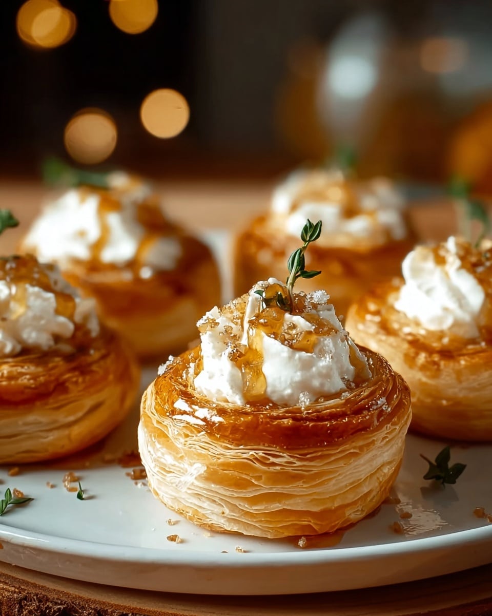 The image shows a close-up of several golden-brown puff pastry nests placed on a white plate with a wooden surface inside the nests. Each nest has many thin flaky layers that create a round shape with a hollow center filled with a dollop of white cream that looks soft and fluffy. On top of the cream, there is a drizzle of amber-colored syrup and sprinkled bits that add texture. Small green herb sprigs garnish each pastry, adding a fresh touch. The background is softly blurred with warm, cozy lighting. Photo taken with an iphone --ar 4:5 --v 7