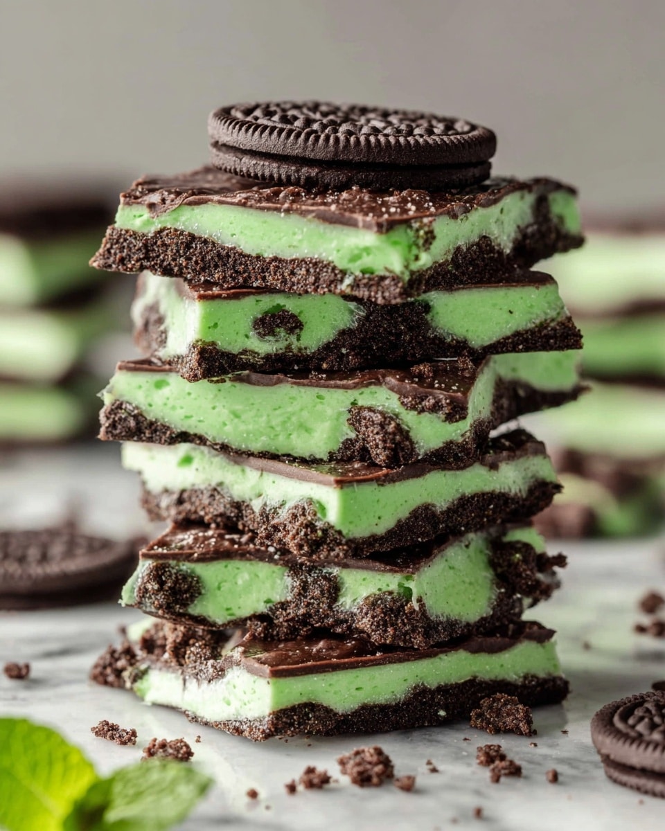 A tall stack of broken mint chocolate bark pieces is shown, each piece made of a thick bottom layer of dark brown crunchy cookie crumbs, a middle layer of bright green smooth mint-flavored chocolate with a grainy texture, and a top piece with a whole dark chocolate cookie placed flat on it; the stack is on a white marbled surface with loose cookies and crumbs around it, creating a fresh and tasty look. photo taken with an iphone --ar 4:5 --v 7