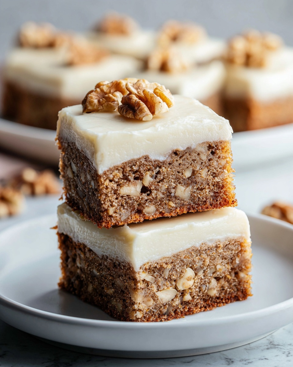 A close-up view of a square piece of moist banana cake with visible chunks of banana and walnuts inside, topped with a thick, smooth layer of creamy white frosting, scattered with pieces of chopped walnuts on top. The cake sits on a white marbled surface with a light dusting of powdered sugar around it. In the background, another piece of the same cake is placed on a white plate with blurred yellow bananas behind it. photo taken with an iphone --ar 4:5 --v 7
