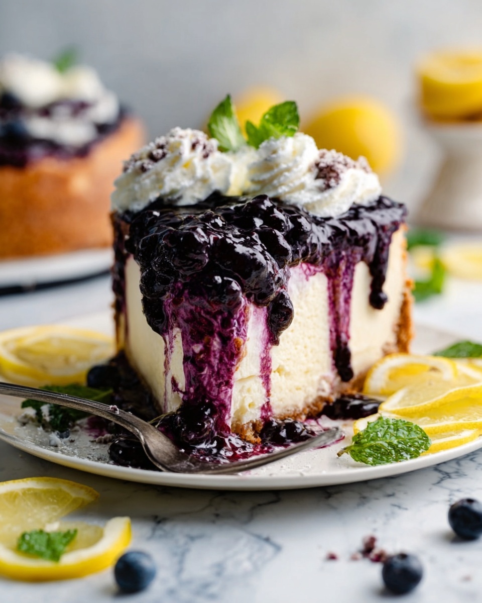 A slice of layered cake sits on a white plate with a shiny silver fork beside it. The cake has three visible layers: a bottom layer with light cream and cake pieces mixed with dark berries, a middle white cream layer, and a top layer covered with thick dark red berry sauce dripping down the sides. On top, there is a garnish of fresh dark berries and a thin slice of lemon leaning against the berries. In the background, a bowl filled with blueberries and a lemon are visible on a white marbled surface. A woman's hand is gently holding the fork. Photo taken with an iphone --ar 4:5 --v 7