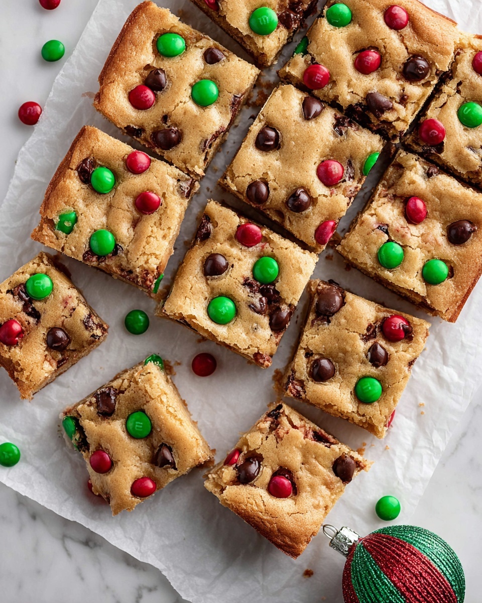 A close-up view of a square blondie bar with a bite taken from one corner showing a soft, crumbly golden-brown inside dotted with dark brown chocolate chips. The top layer is textured and slightly cracked, with bright red and green candy-coated chocolates embedded and one green candy broken open to reveal a chocolate center. The blondie rests on a white marbled surface with scattered crumbs and more red and green candies, giving a festive look. Photo taken with an iphone --ar 4:5 --v 7
