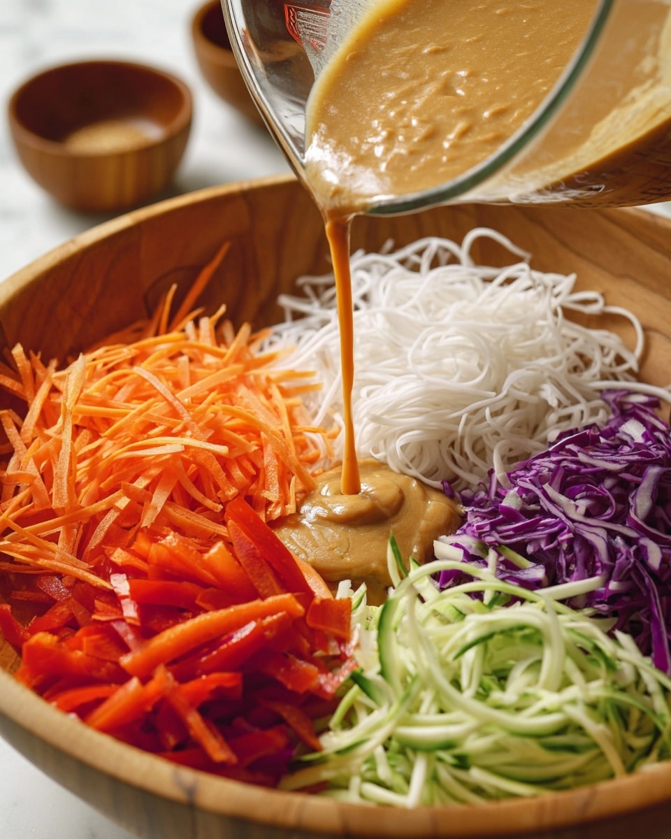A wooden bowl filled with six distinct layers of fresh ingredients arranged in sections: shredded orange carrots at the top left, thin white rice noodles at the top right, fresh green chopped herbs next to the noodles, thinly sliced green cucumbers in the center, bright red bell pepper strips at the bottom right, and shredded purple cabbage at the bottom left with a lemon wedge on top. All layers are covered by a light brown peanut sauce drizzled diagonally and sprinkled with chopped peanuts. Around the bowl, there are small white dishes with crushed peanuts, peanut sauce, lemon wedges, and a larger white plate with black chopsticks on a white marbled surface. Wooden utensils and a checkered cloth are placed nearby. Photo taken with an iphone --ar 4:5 --v 7